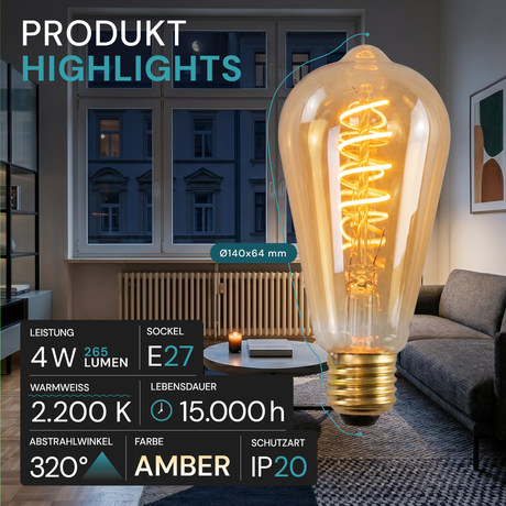 LED Filament Leuchtmittel, SPIRAL, ST64, E27, 4 W, 265 lm, 2200K, dimmbar.