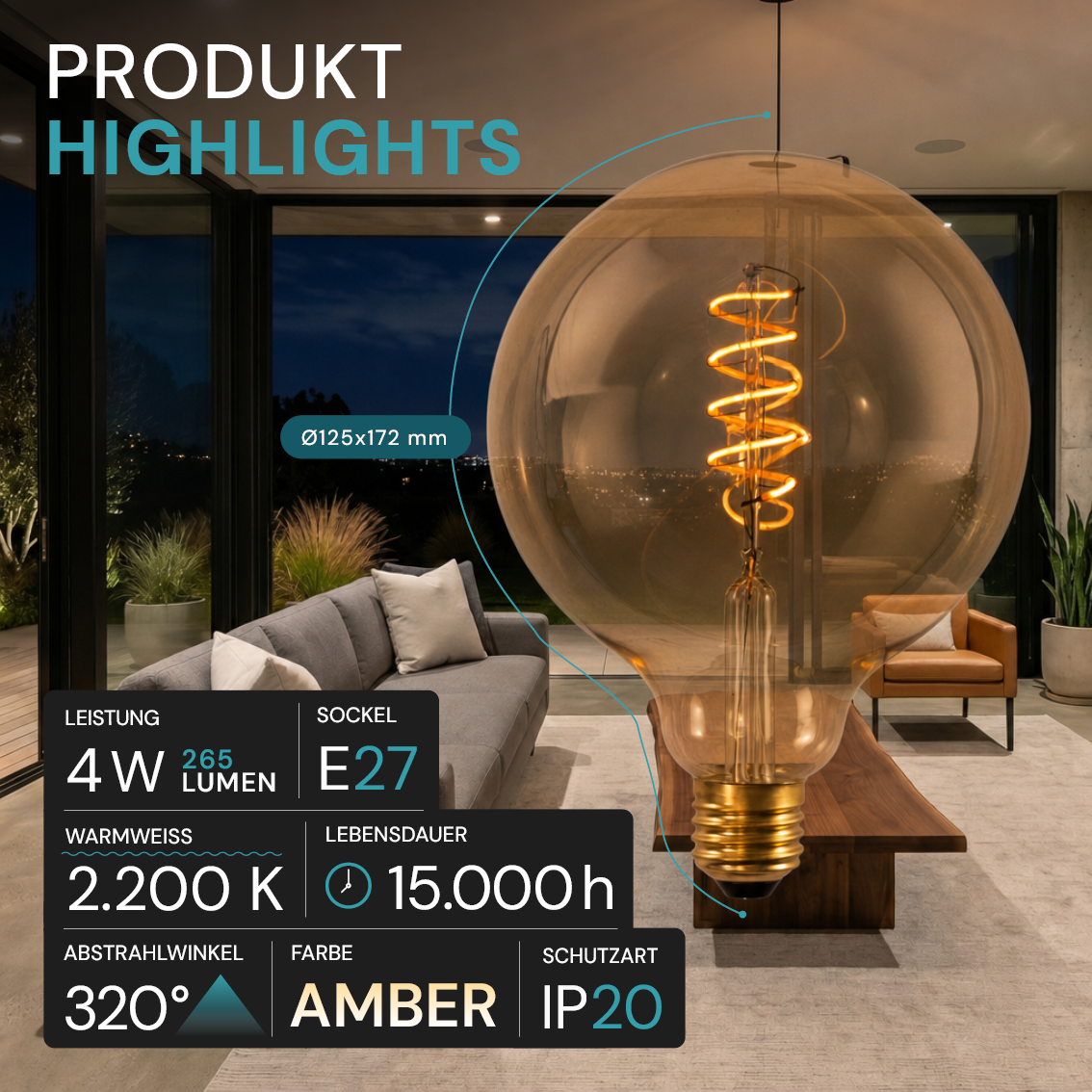 LED Filament Leuchtmittel, BULB, G125, E27, 4 W, 265 lm, 2200K, dimmbar.