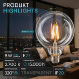 LED Filament Leuchtmittel, BULB, G125, E27, 8 W, 1055 lm, 2700 K, dimmbar