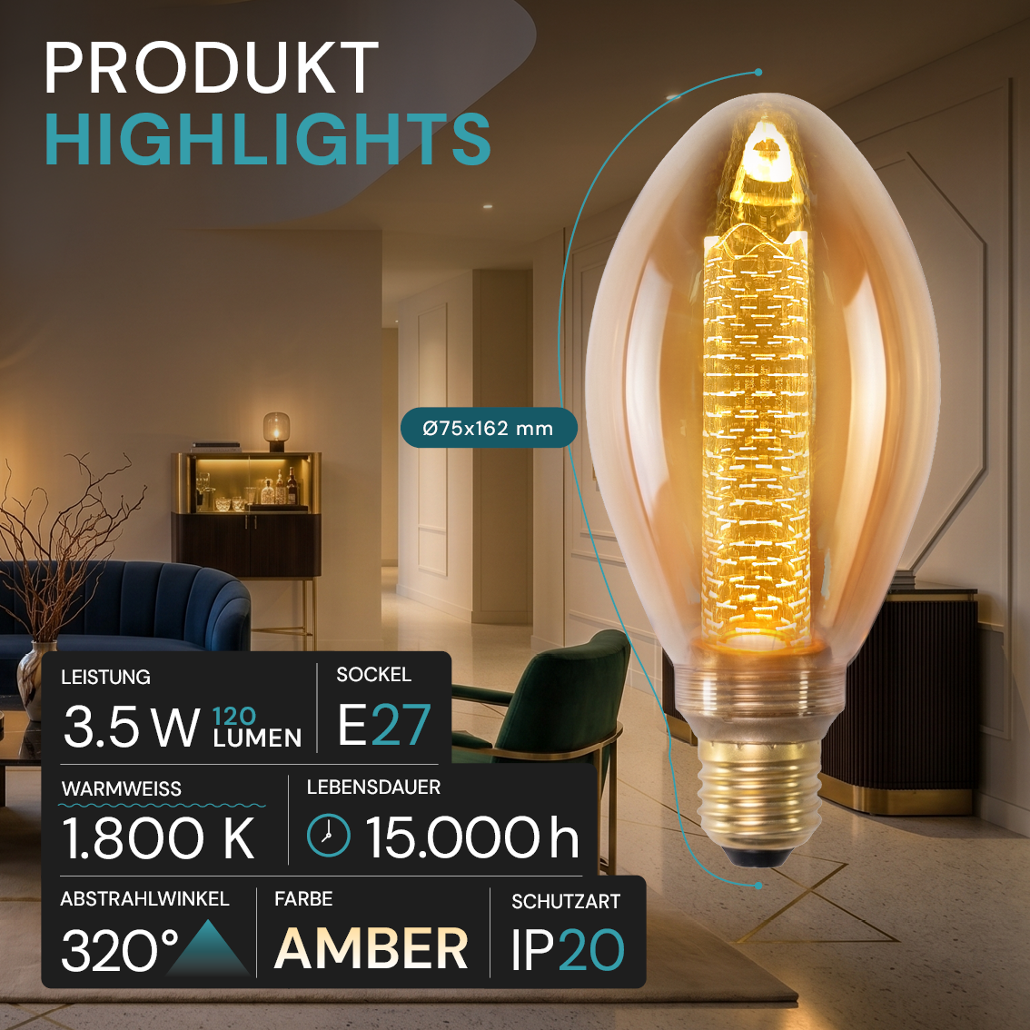 LED Filament Leuchtmittel, CANDLE, B75, E27, 3,5 W, 120 lm, 1800 K, dimmbar