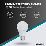 LED Leuchtmittel mit Dämmerungs und Bewegungs-Sensor, E27, A60, 9W, 911lm, 2700K.