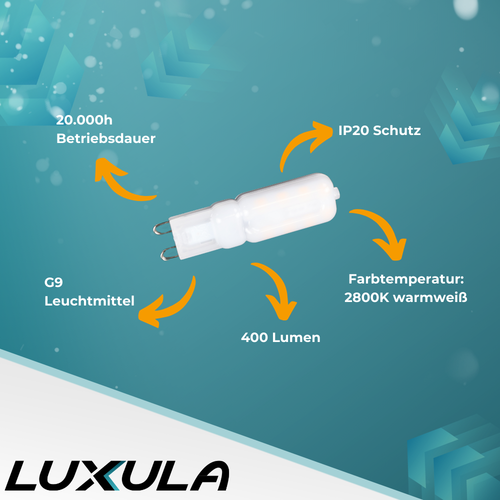 LED-Leuchtmittel, G9, 4 W, 400 lm, 2800 K (warmweiß), 240°, AC 220-240V.