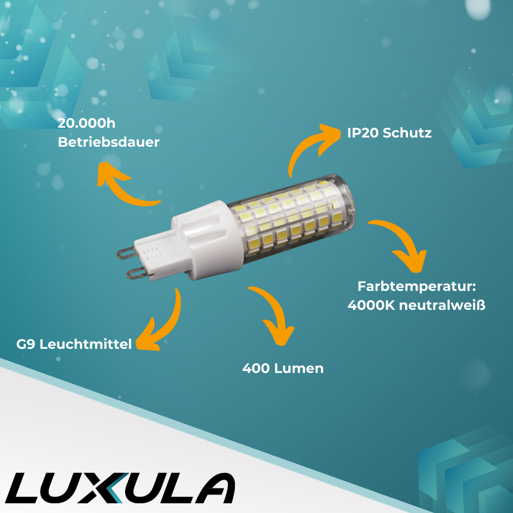 LED-Leuchtmittel, G9, dimmbar, 7 W, 700 lm, 2800 K (warmweiß), 240°, AC 220-240V.