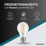 10er Pack LED Filament Leuchtmittel E27, A60, 7W, 700lm, 2700K, transparentes Glas.