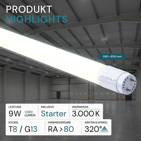 LED T8 Röhre, 60 cm, 120 lm/W, 9 W, 1080 lm, 3000 K (warmweiß)