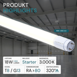 LED T8 Röhre, 120 cm, 120 lm/W, 18 W, 2160 lm, 3000 K (warmweiß), mit Brücke