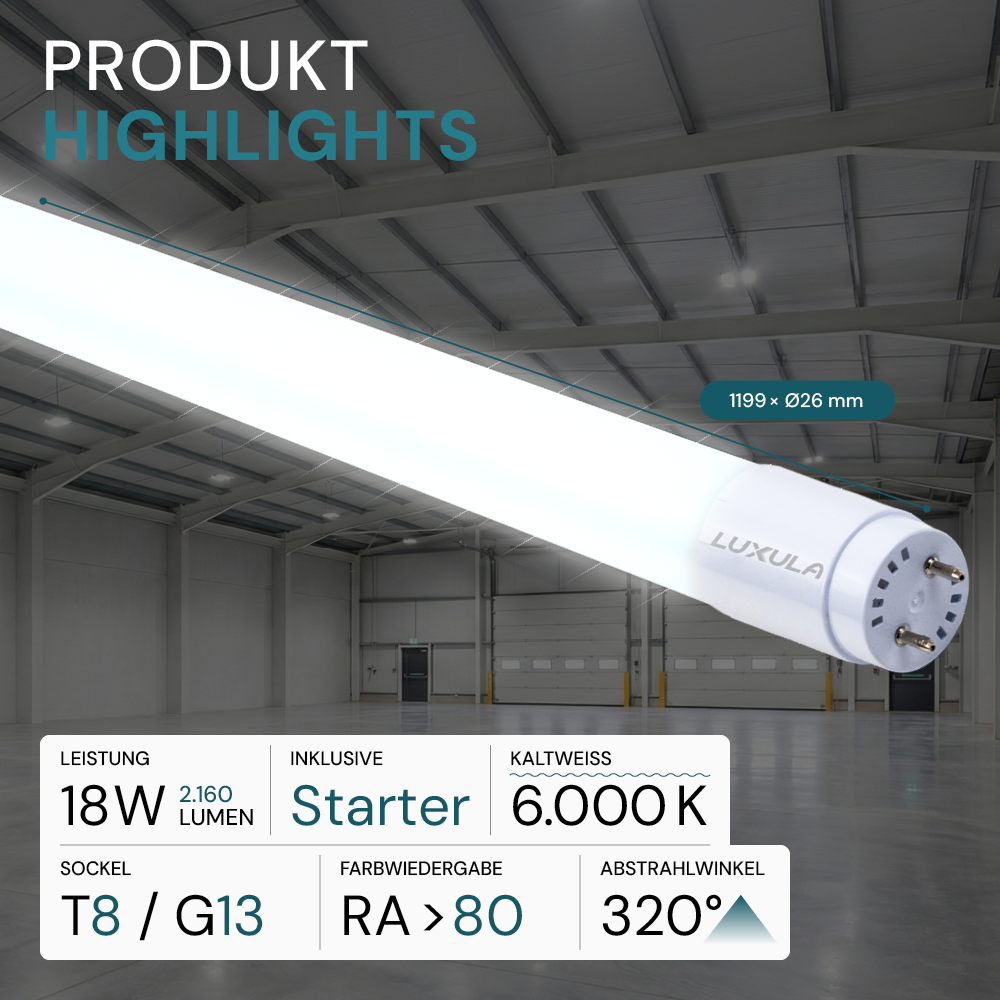 LED T8 Röhre, 120 cm, 120 lm/W, 18 W, 2160 lm, 6000 K (kaltweiß), mit Brücke