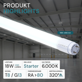 LED T8 Röhre, 120 cm, 120 lm/W, 18 W, 2160 lm, 6000 K (kaltweiß), mit Brücke