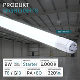 LED T8 Röhre, 60 cm, 160 lm/W, 9 W, 1400 lm, 6000 K (kaltweiß), mit Brücke, hohe Energieeffizienz
