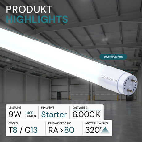 LED T8 Röhre, 60 cm, 160 lm/W, 9 W, 1400 lm, 6000 K (kaltweiß), mit Brücke, hohe Energieeffizienz