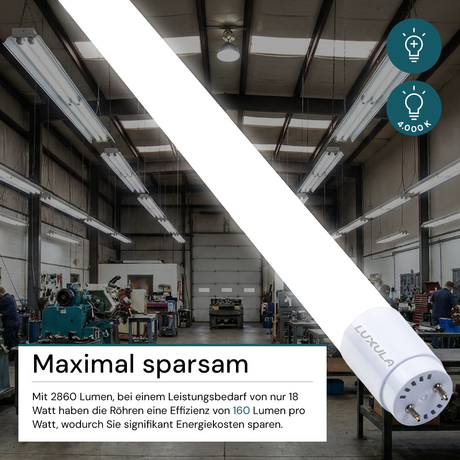 LED T8 Röhre, 120 cm, 160 lm/W, 18 W, 2860 lm, 4000 K (neutralweiß), mit Brücke, hohe Energieeffizienz