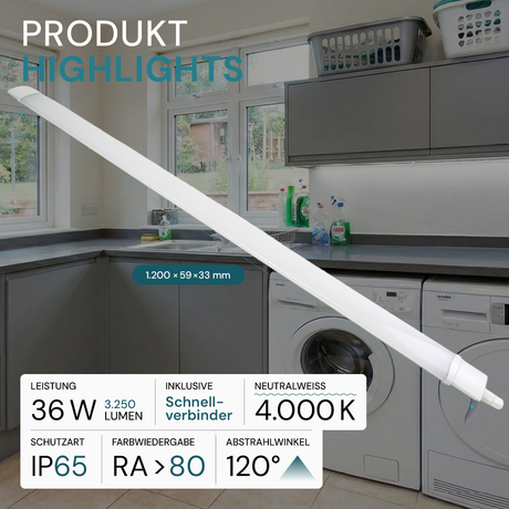 LED Feuchtraumleuchte, 36W, 3250lm, 4000K, 1200mm, IP65, mit Quick Connector
