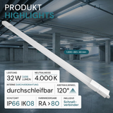 10er Pack LED Feuchtraumleuchte, 120 cm, 32 W, 3616 lm, 4000 K (neutralweiß), IP66, durchschleifbar, Fast Connector