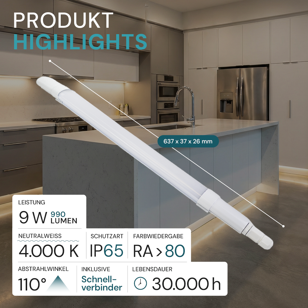 LED Feuchtraumleuchte, 60 cm, 9 W, 990 lm, 4000 K (neutralweiß), IP65, Fast Connector