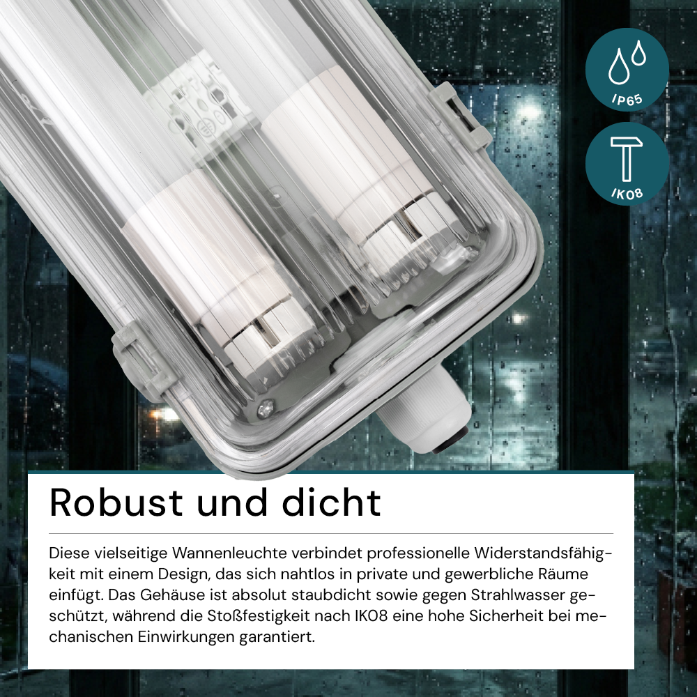 2er Pack LED Wannenleuchte 120cm, inkl 2x18W LED-Röhren T8, 4000K, IP65, IK08