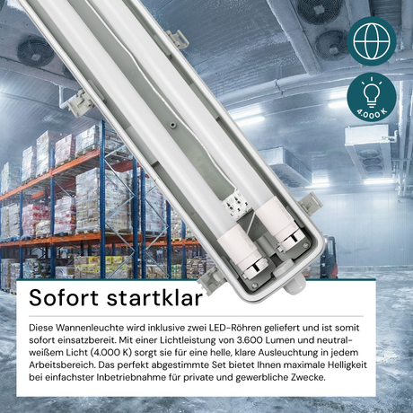 2er Pack LED Wannenleuchte 120cm, inkl 2x18W LED-Röhren T8, 4000K, IP65, IK08