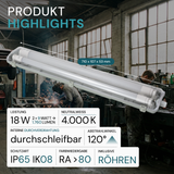LED Wannenleuchte 60 cm, inkl 2 x 9W LED-Röhren T8,durchschleifbar, 4000K, IP65, IK08.