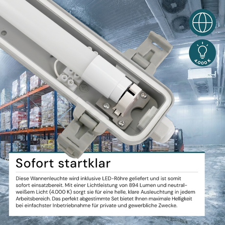 LED Wannenleuchte 60 cm, inkl 1 x 9W LED-Röhren T8, 4000K, IP65, IK08.