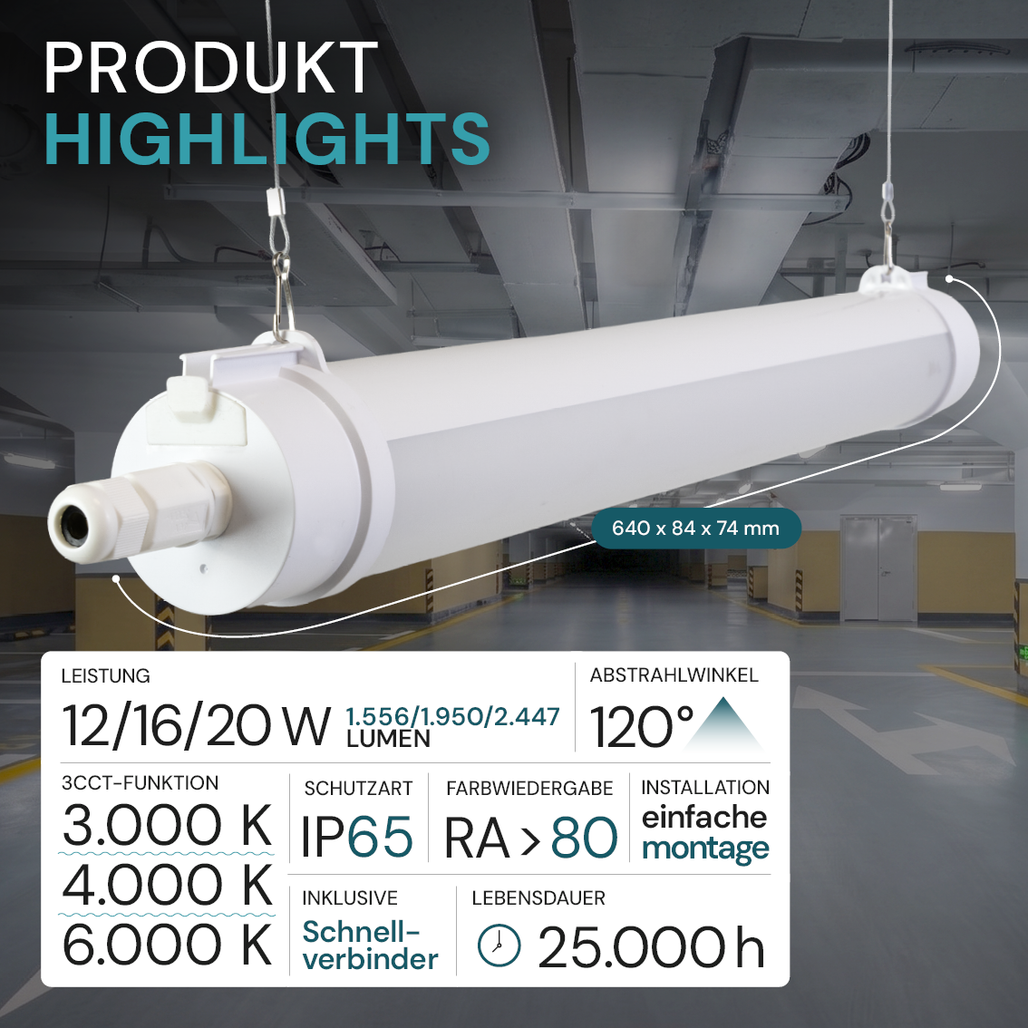 LED Feuchtraumleuchte, 60 cm, 20W-16W-12W einstellbar, max. 2447 lm, 3CCT,IP65, IK08,  rund, durchschleifbar.
