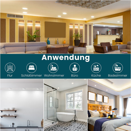 6er Set LED CCT Downlight schwenkbar, 7W, 718lm, 38°, IP44, 3000K-4000K-6000K einstellbar.