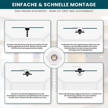 4er Set LED CCT Downlight schwenkbar, 7W, 718lm, 38°, IP44, 3000K-4000K-6000K einstellbar.