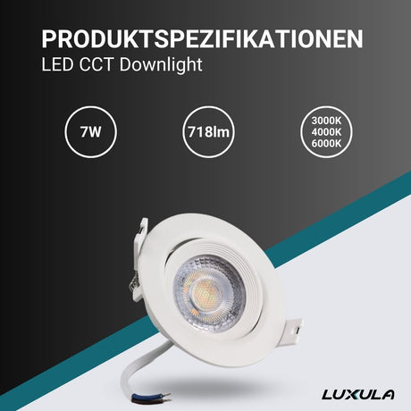 8er Set LED CCT Downlight schwenkbar, 7W, 718lm, 38°, IP44, 3000K-4000K-6000K einstellbar.