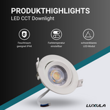 6er Set LED CCT Downlight schwenkbar, 7W, 718lm, 38°, IP44, 3000K-4000K-6000K einstellbar.