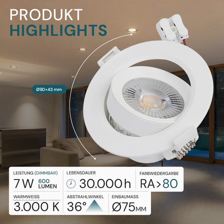 LED Downlight, schwenkbar, in Weiß, 7 W, 600 lm, 3000 K (warmweiß), 38°, Einbaustrahler
