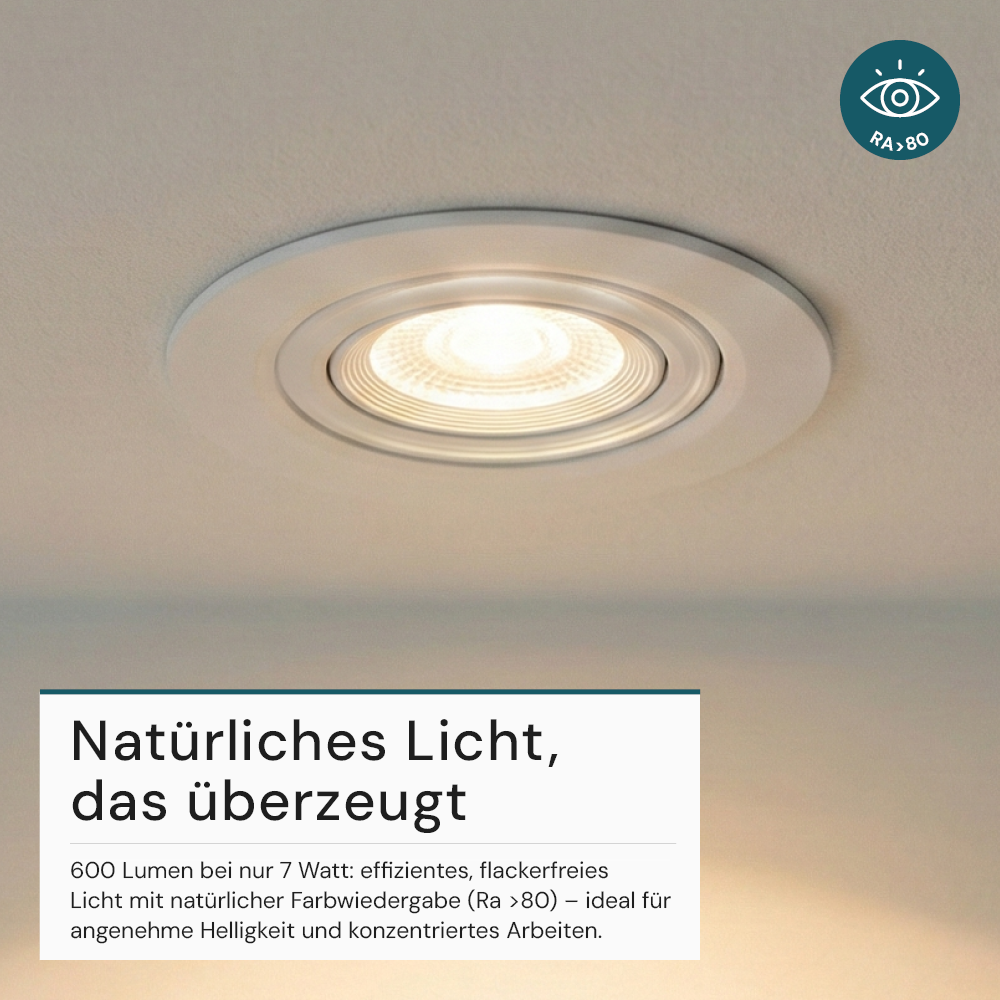 LED CCT Downlight, dimmbar, schwenkbar, in Weiß, 7 W, 600 lm, 3000 - 6500 K (einstellbar), 38°, Einbaustrahler