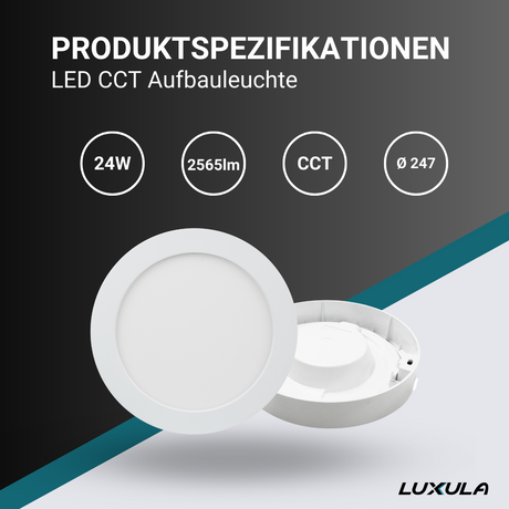 LED CCT Aufbauleuchte, 24W, 2565 lm, ø247x35mm, 3000-4000-6000K einstellbar, mit Diffusor, rund.