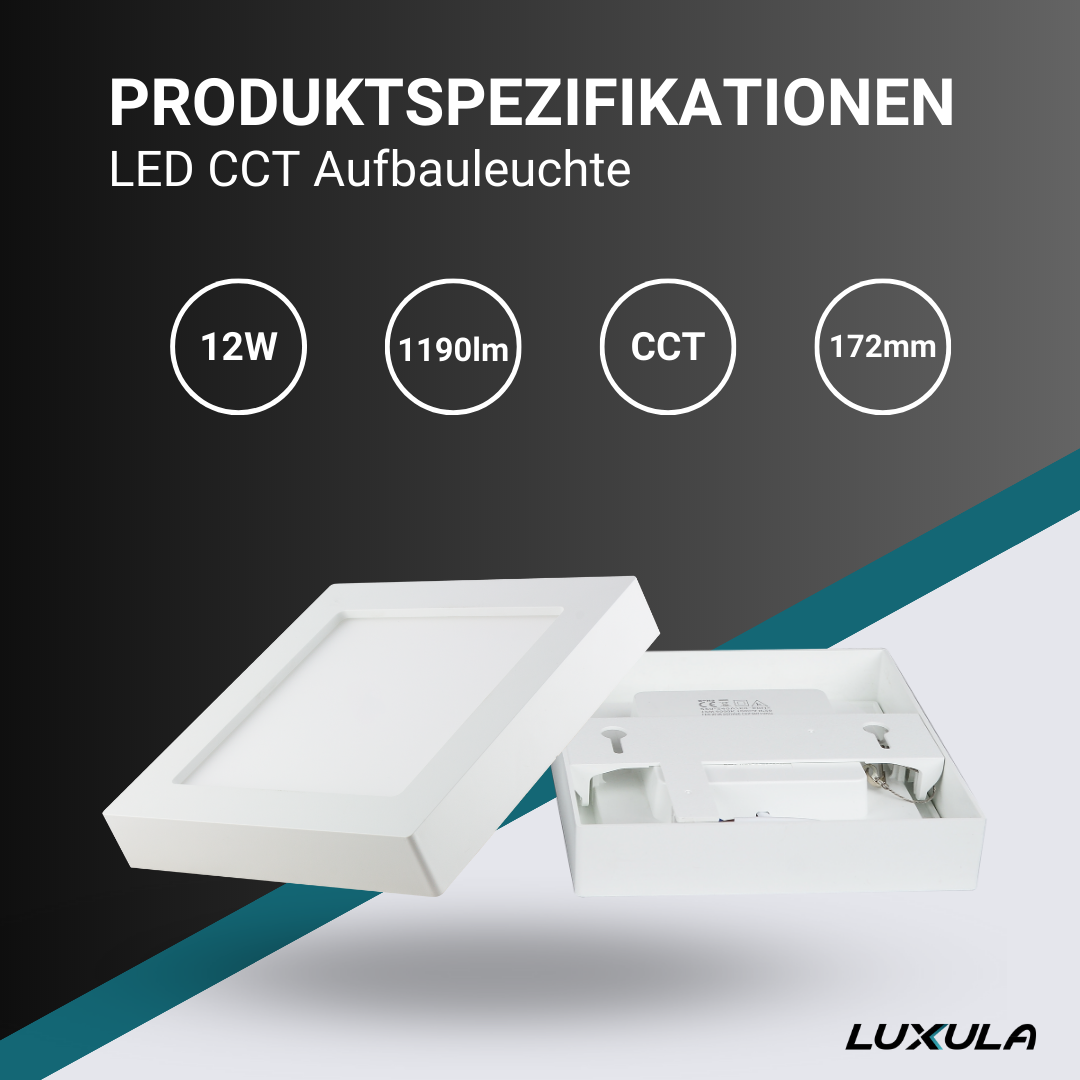 LED CCT Aufbauleuchte, 12W, 1190  lm, 172x35mm, 3000-4000-6000K einstellbar, mit Diffusor, eckig.