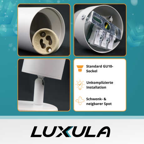 Schwenkbarer LED Aufbauspot mit GU10 Fassung, schwarz, IP20, Aluminium.