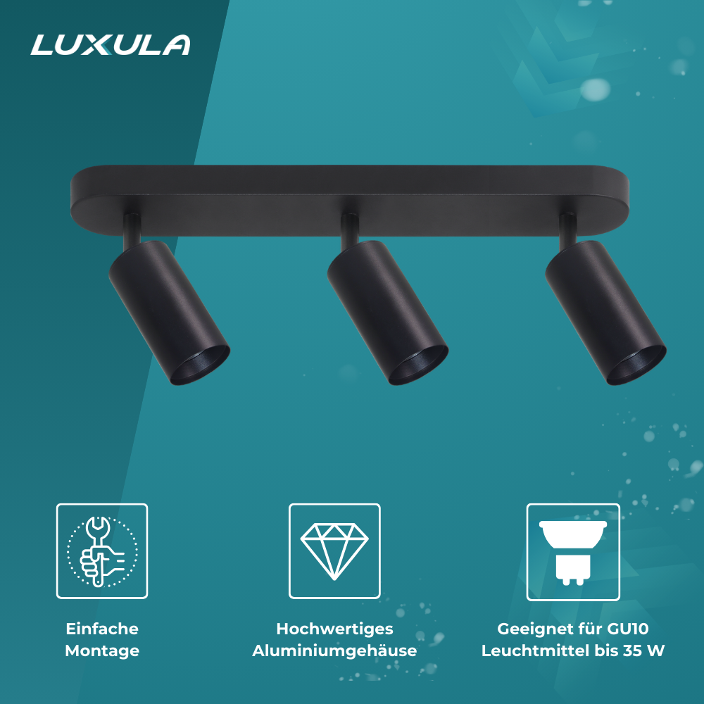 9er Pack Schwenkbarer LED Aufbauspot mit GU10 Fassung, 3-flammig, schwarz, IP20, Aluminium.