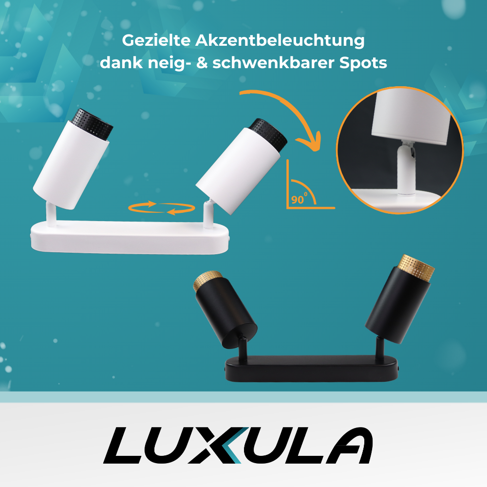 Schwenkbarer LED Aufbauspot mit GU10 Fassung, 2-flammig, schwarz/gold, IP20, Aluminium.