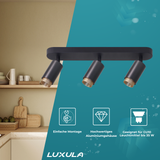Schwenkbarer LED Aufbauspot mit GU10 Fassung, 3-flammig, schwarz/gold, IP20, Aluminium.