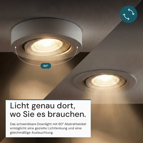 LED CCT Downlight, Ein- und Aufbaustrahler, schwenkbar, in Weiß, dimmbar, 5 W, 420 lm, 60°, 3000K-4000K-6500K einstellbar