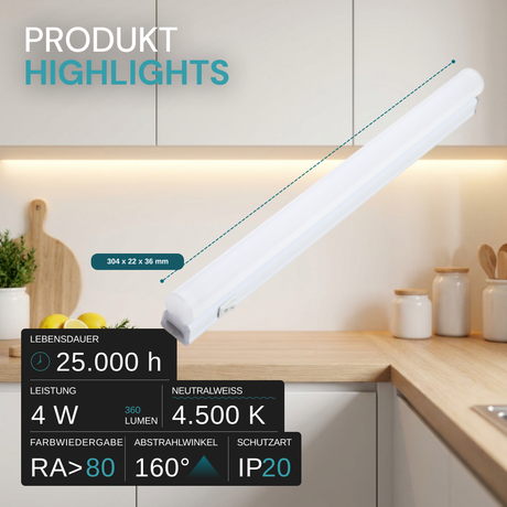 LED-Unterbauleuchte in Weiß, mit Schalter, 30 cm, 4 W, 360 lm, 4500 K (neutralweiß), erweiterbar, Küchen- und Schrankbeleuchtung