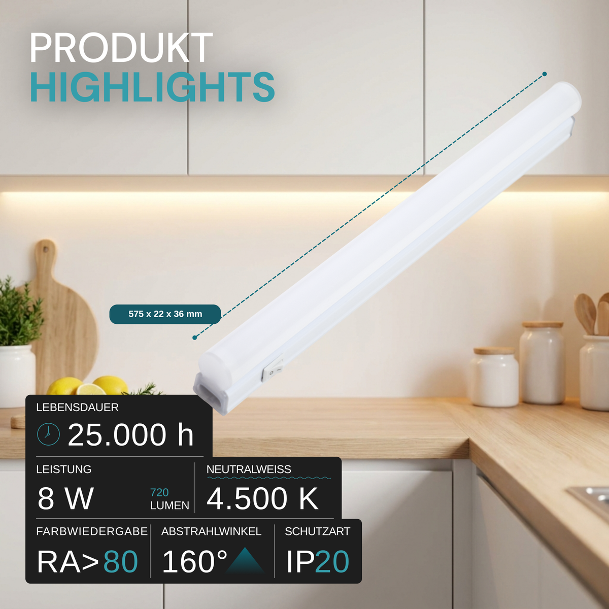LED-Unterbauleuchte in Weiß, mit Schalter, 57 cm, 8 W, 720 lm, 4500 K (neutralweiß), erweiterbar, Küchen- und Schrankbeleuchtung