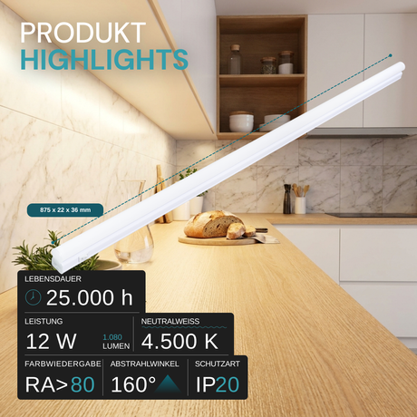 LED-Unterbauleuchte in Weiß, mit Schalter, 87 cm, 12 W, 1080 lm, 4500 K (neutralweiß), erweiterbar, Küchen- und Schrankbeleuchtung