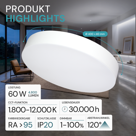 LED Sky Light, Deckenleuchte, Full Spectrum, 60W, 4800lm, IP20, ø400x40mm, 1800-12000K (CCT), weiß