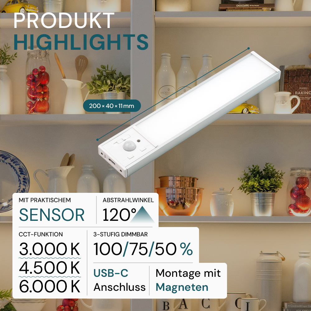 LED Schrankbeleuchtung mit Bewegungsmelder, Silberton, 20 cm, dimmbar, einstellbare Lichtfarbe, USB-aufladbar, einfache Befestigung, Unterbauleuchte