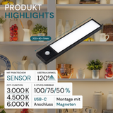 LED Schrankbeleuchtung mit Bewegungsmelder, schwarz, 20 cm, dimmbar, einstellbare Lichtfarbe, USB-aufladbar, einfache Befestigung, Unterbauleuchte