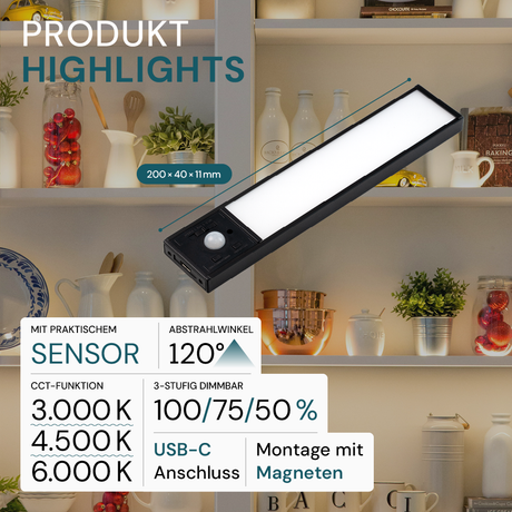 LED Schrankbeleuchtung mit Bewegungsmelder, schwarz, 20 cm, dimmbar, einstellbare Lichtfarbe, USB-aufladbar, einfache Befestigung, Unterbauleuchte