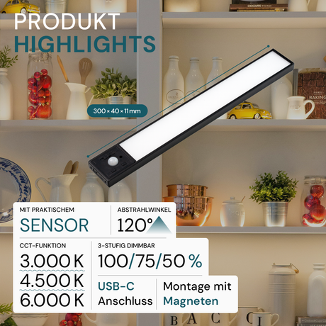 LED Schrankbeleuchtung mit Bewegungsmelder, schwarz, 30 cm, dimmbar, einstellbare Lichtfarbe, USB-aufladbar, einfache Befestigung, Unterbauleuchte