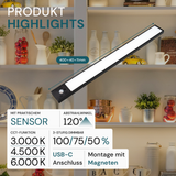 LED Schrankbeleuchtung mit Bewegungsmelder, schwarz, 60 cm, dimmbar, einstellbare Lichtfarbe, USB-aufladbar, einfache Befestigung, Unterbauleuchte