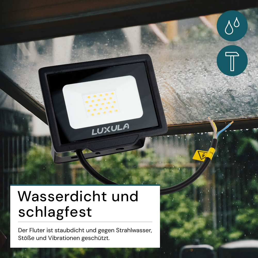 LED-Fluter, 20 W, 3000 K (warmweiß), 2000 lm, schwarz, IP65.