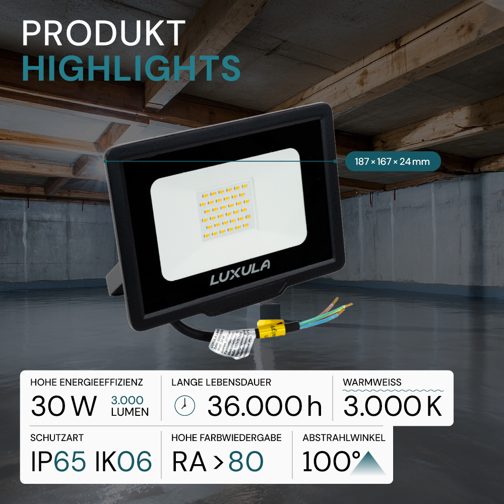 LED-Fluter, 30 W, 3000 K (warmweiß), 3000 lm, schwarz, IP65.