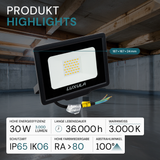 LED-Fluter, 30 W, 3000 K (warmweiß), 3000 lm, schwarz, IP65.