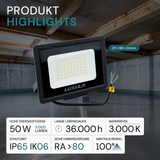 LED-Fluter, 50 W, 3000 K (warmweiß), 5000 lm, schwarz, IP65.