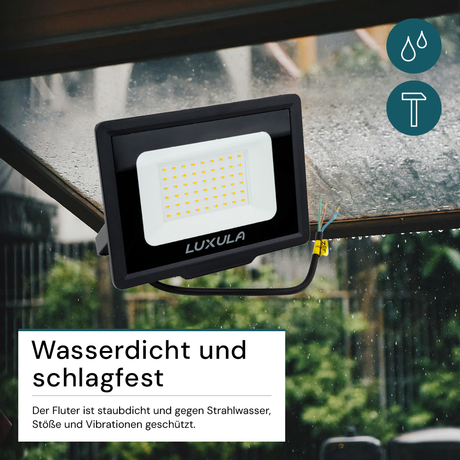LED-Fluter, 50 W, 3000 K (warmweiß), 5000 lm, schwarz, IP65.